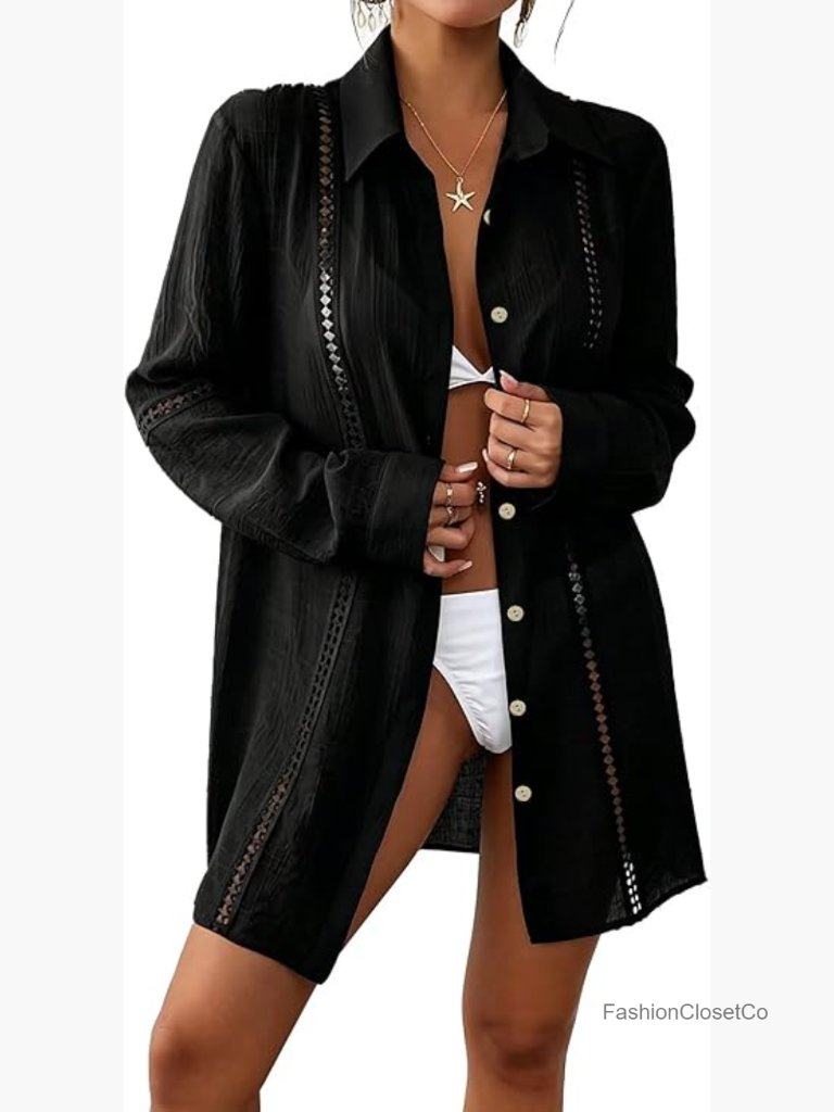 Eyelet Trim Button Down Swim Cover Up Dress Long Sleeve Sheer Mesh Beach